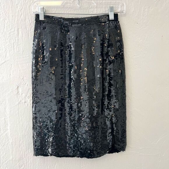 Modi Dresses & Skirts - Modi VTG Silk Sequin Skirt Women’s Small (6-8) Black Back Zip Front Slit